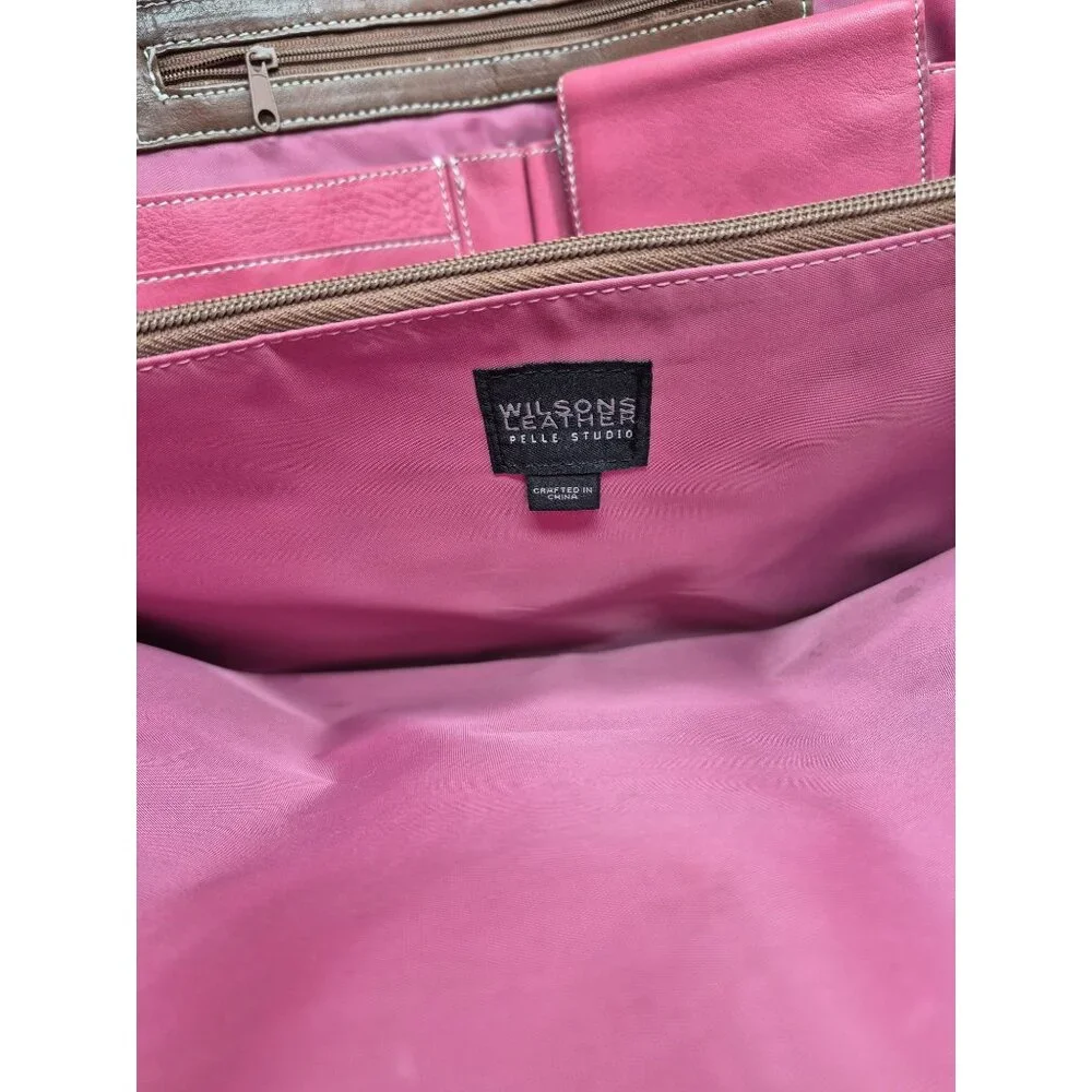 Wilsons Leather Pelke Studio Laptop Tote Bag Pink & Brown Shoulder Straps Work
